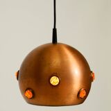 Original 1960s solid copper pendant lamp with orange synthetic glass stones