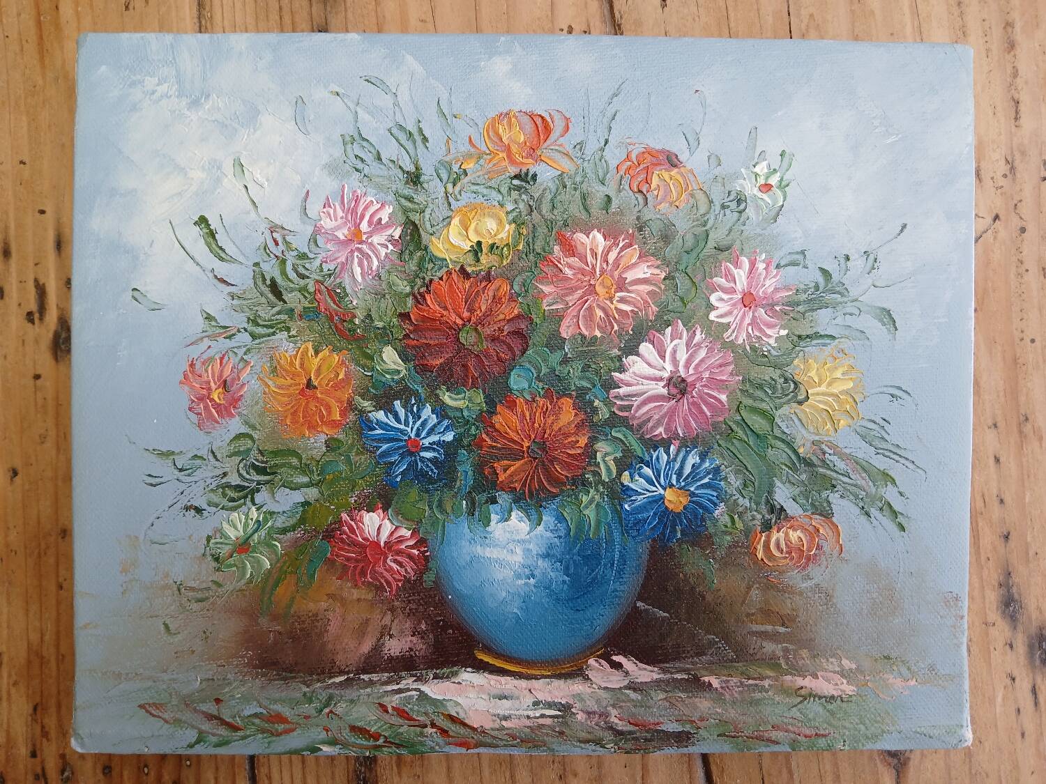 Small painting, bouquet of flowers, blue background