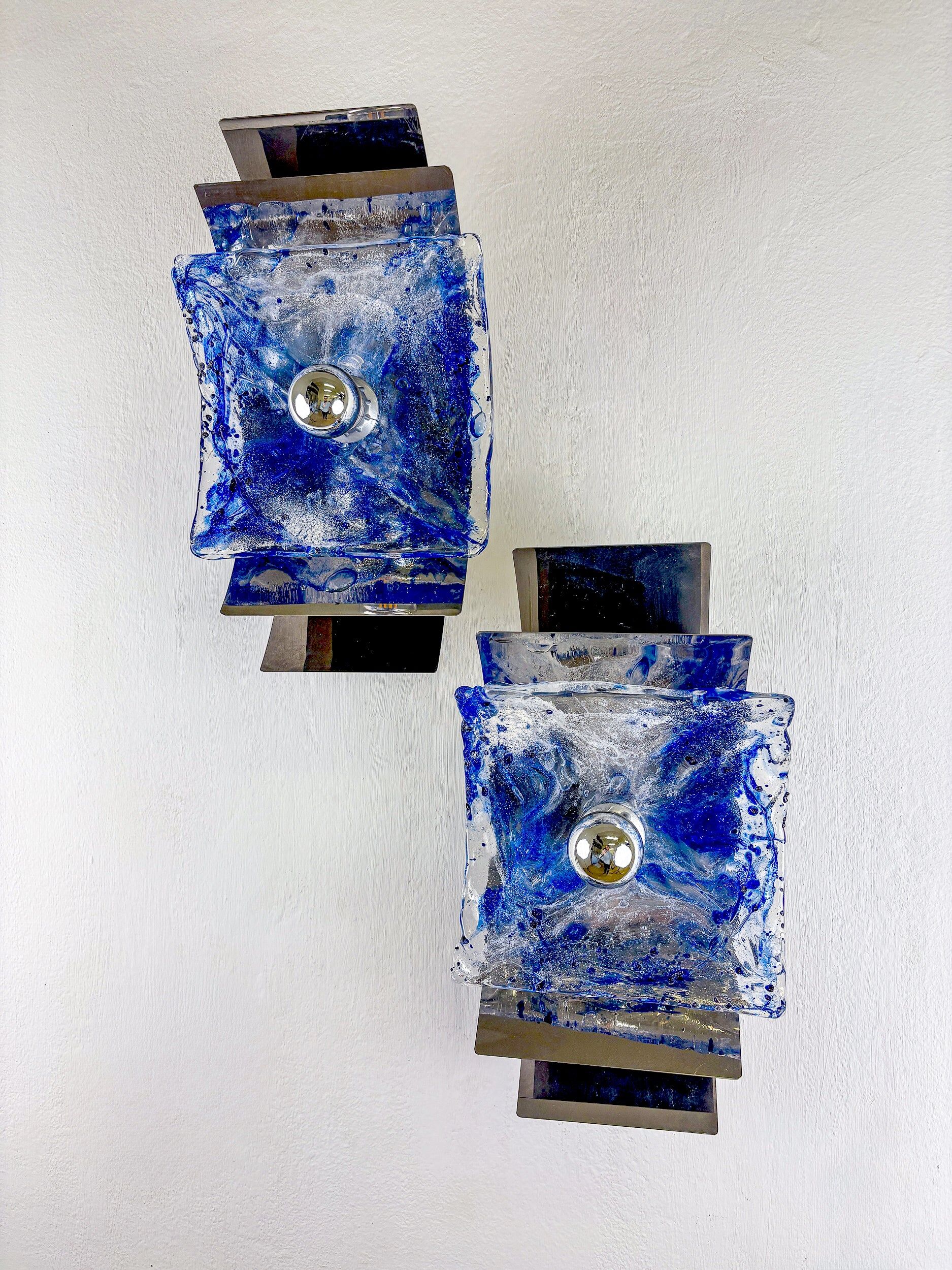 Pair of Murano Mazzega blue & clear glass wall sconces, Italy, 1970s
