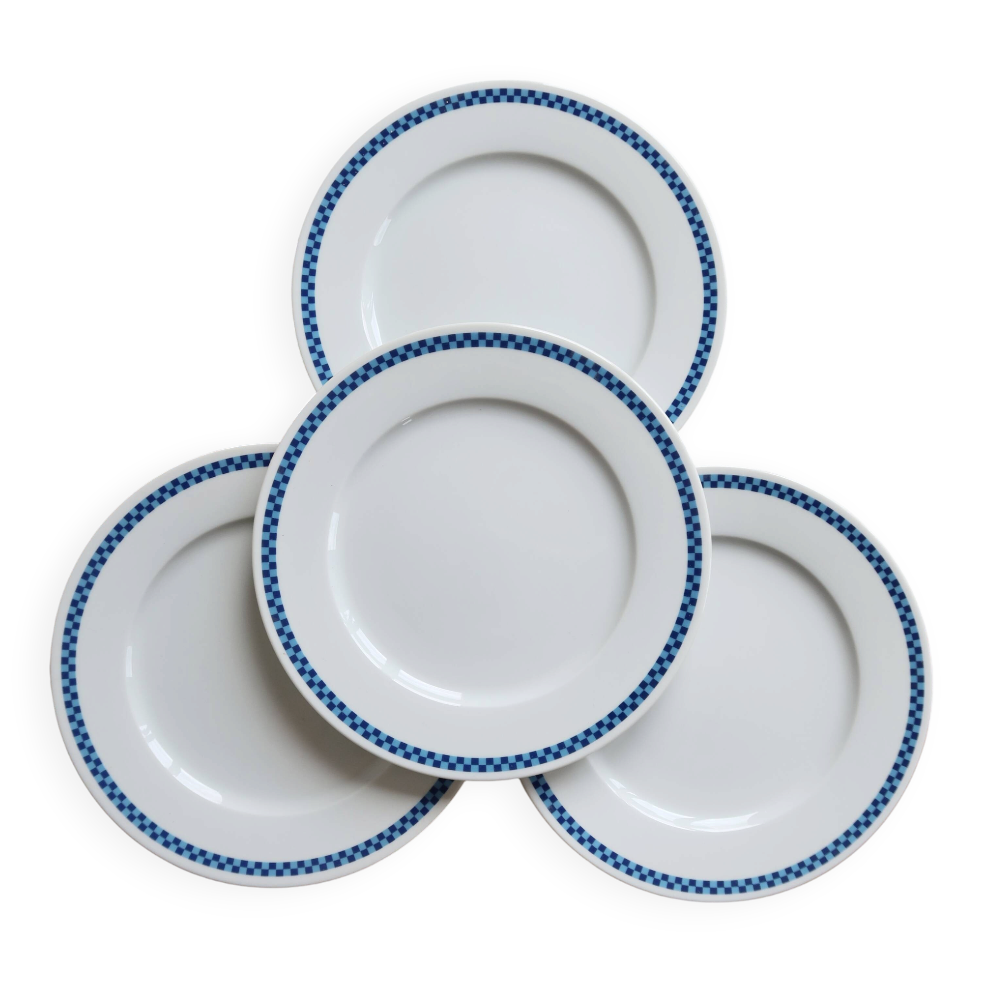 4 vintage Lustucru plates in porcelain with a blue checkered pattern.