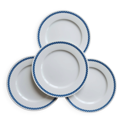 4 assiettes Lustucru vintage en porcelaine motif damier bleu