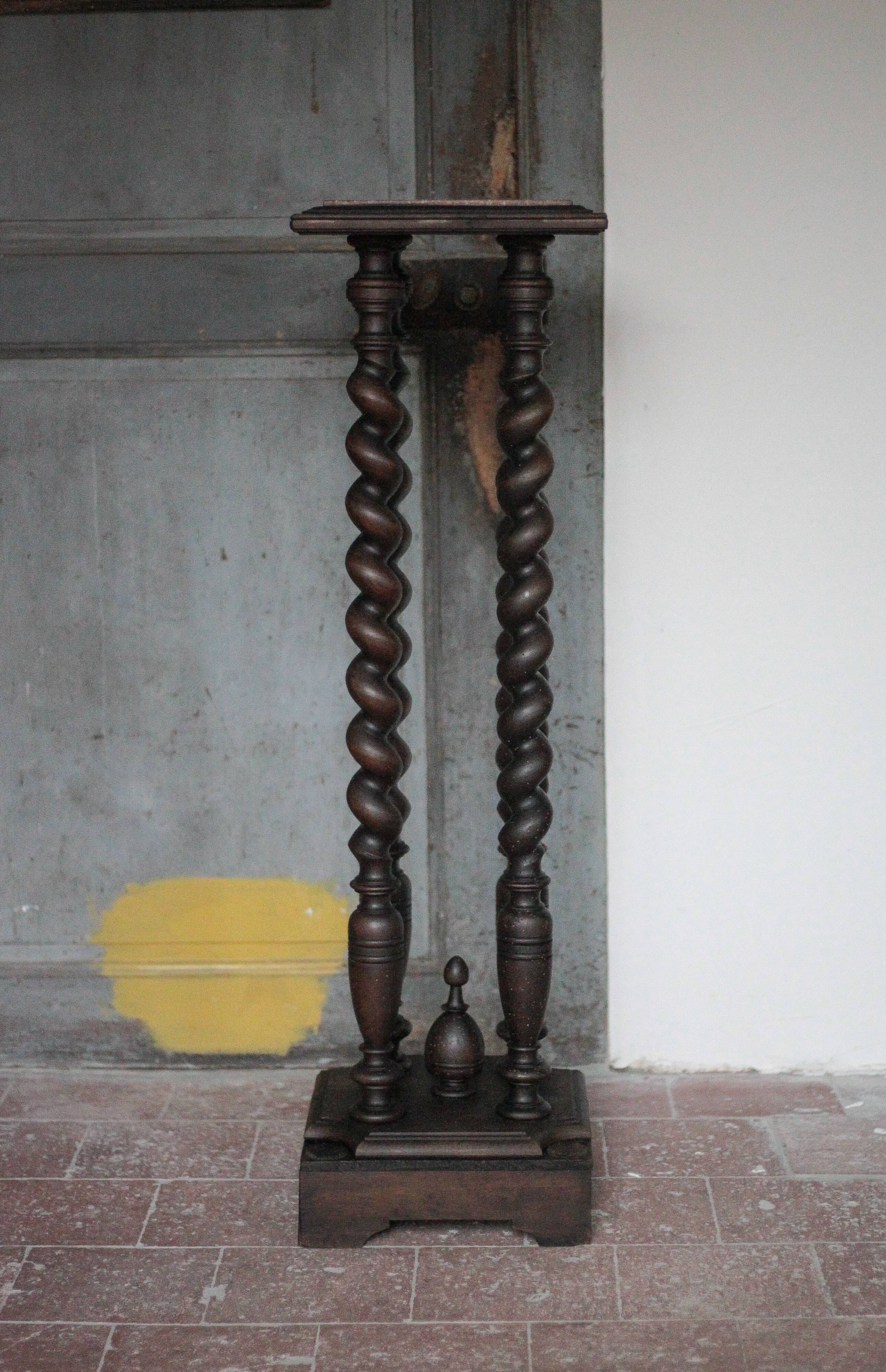 Vintage wood and marble side table, Louis XIII style turned wood pedestal table