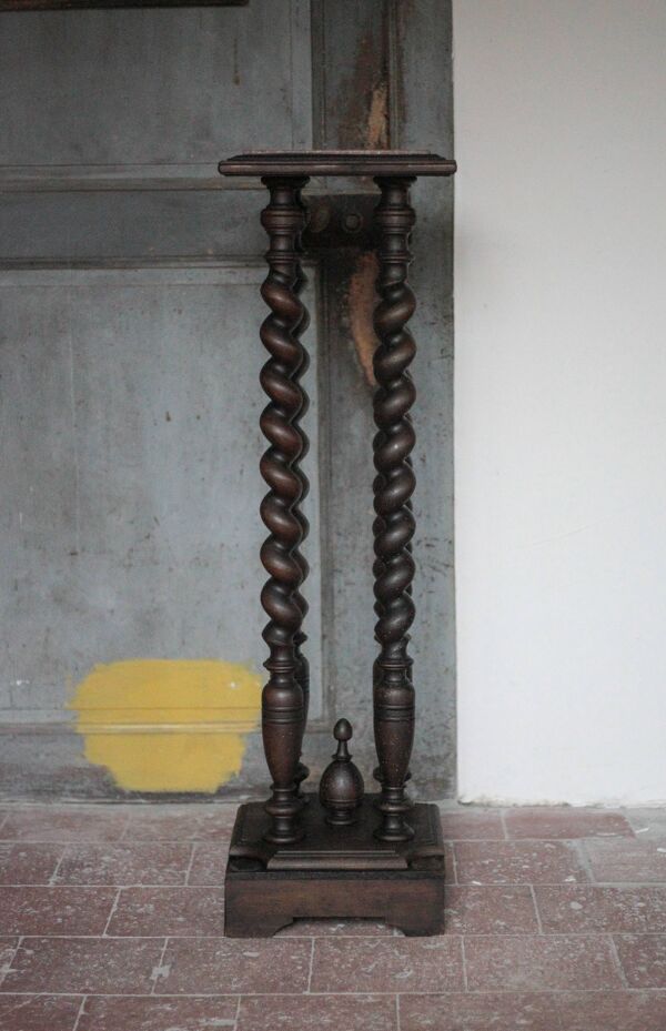 Sellette bois et marbre vintage, guéridon bois tourné Louis XIII