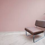 Vintage low cantilever armchair – Brown faux leather & tubular frame