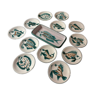 Vintage table service Robert Picault – Vallauris – Fish decor –