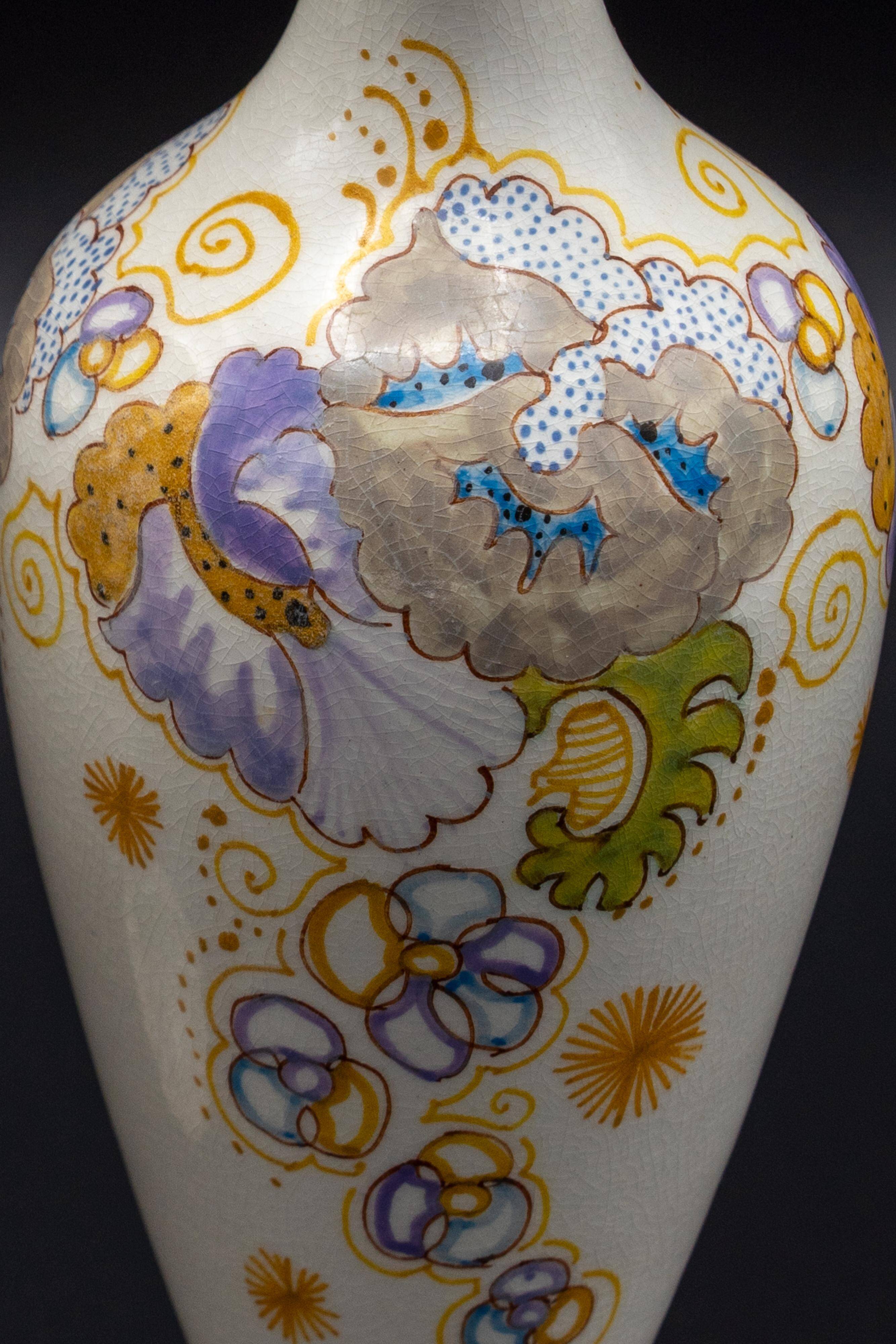 Pair of hand-painted ceramic vases in Dutch Art Nouveau Gouda PZH, 'Violetta', 1899