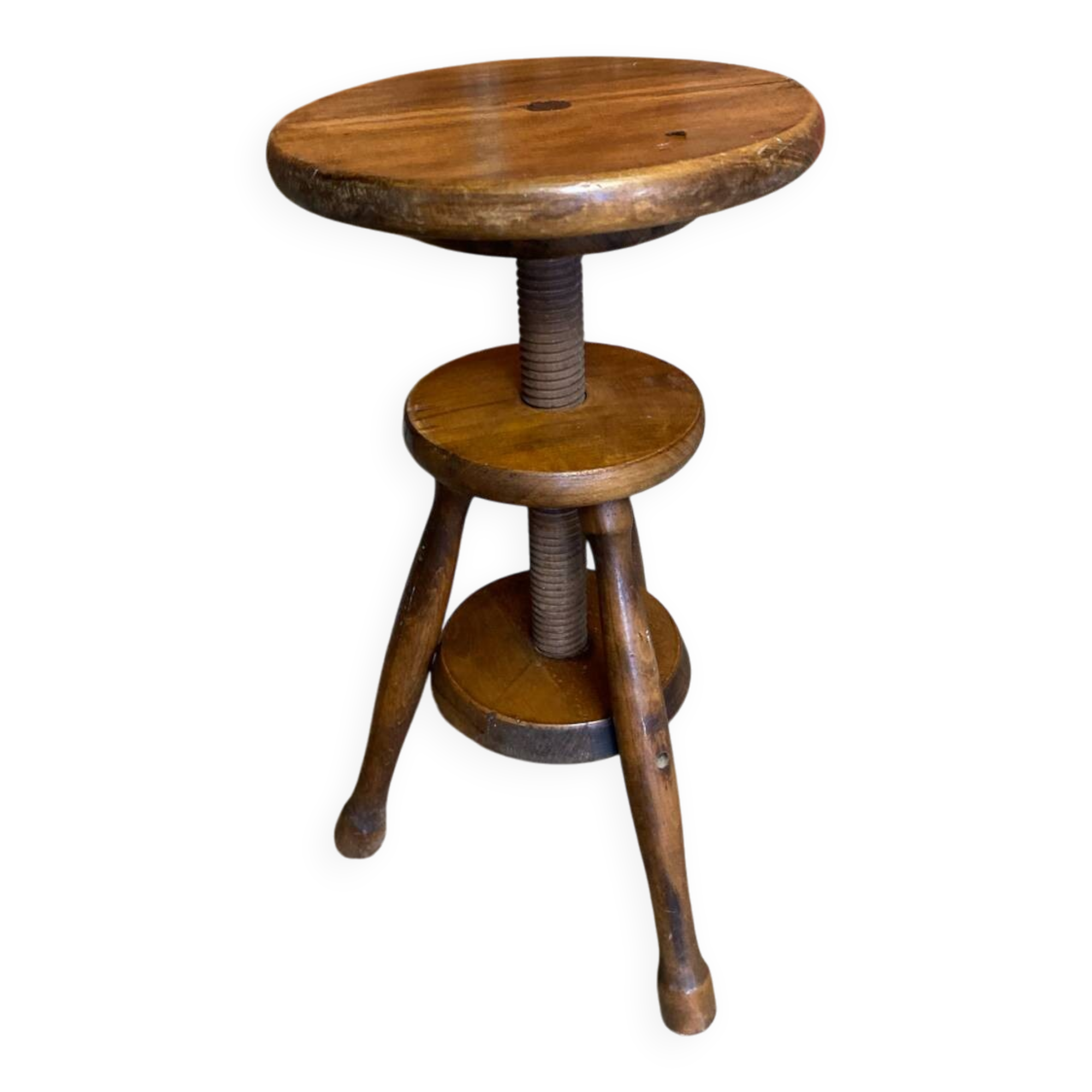 Antique Painter's Stool with Screw, Dark Wood, Turned Tripod Legs, Wine Colour