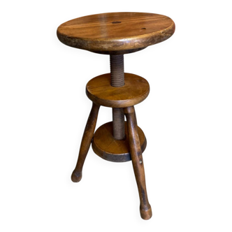 Antique Painter's Stool with Screw, Dark Wood, Turned Tripod Legs, Wine Colour