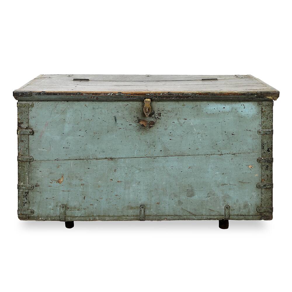 Coffre de rangement en bois à patine bleue