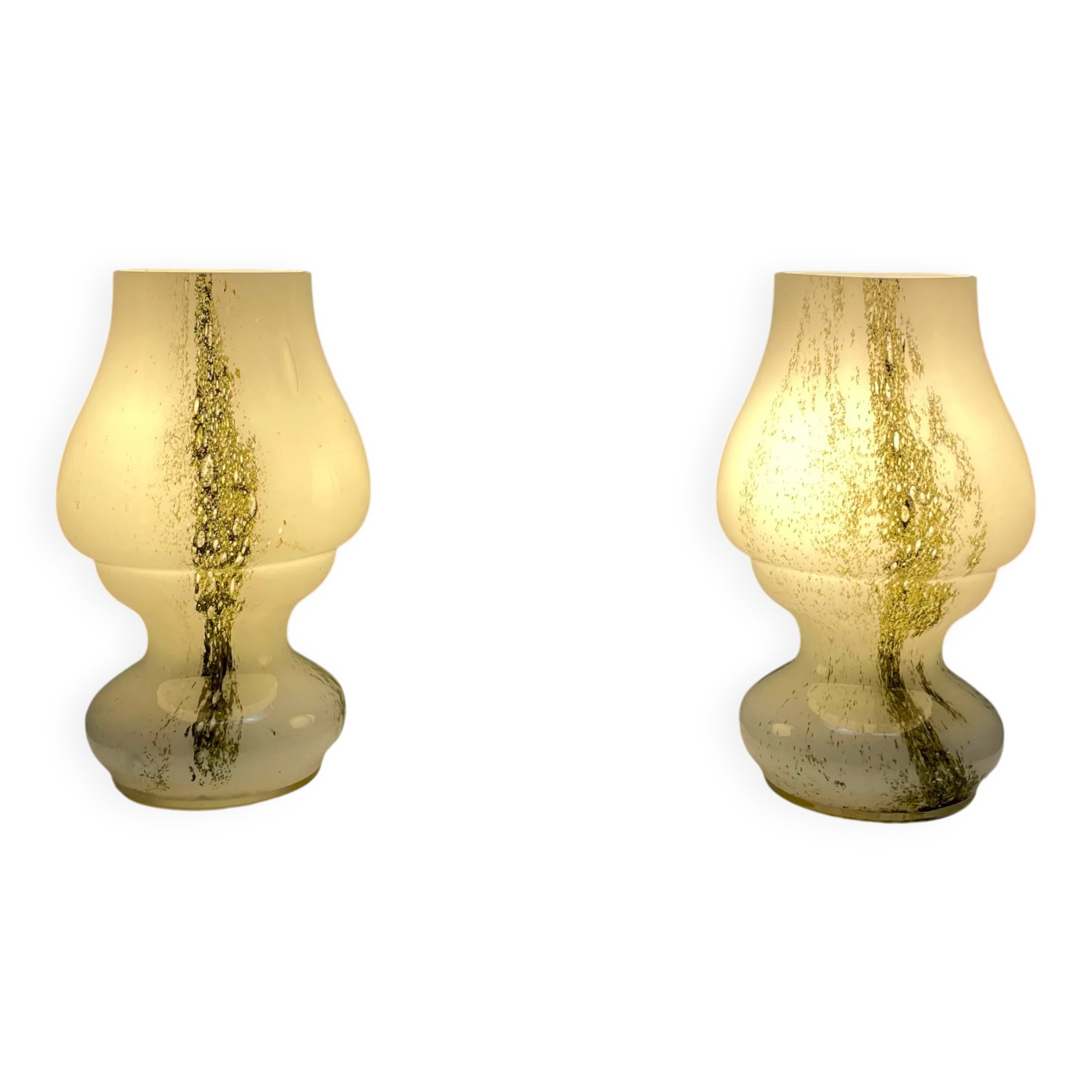 Pair of mushroom table lamps in white and green glass by Doria Leuchten, 1970.