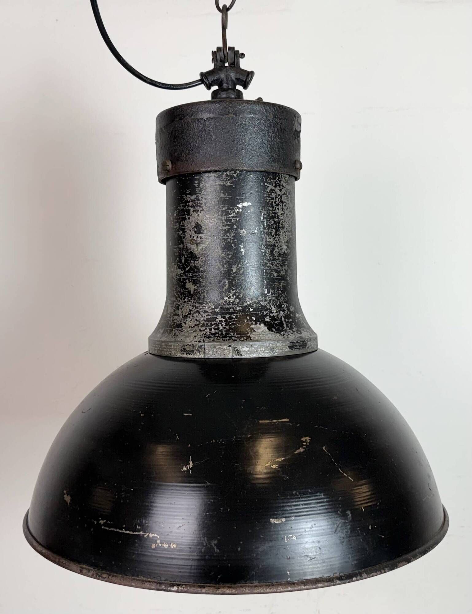 Large Industrial Factory Black Pendant Lamp with Cast Iron Top, 1950s