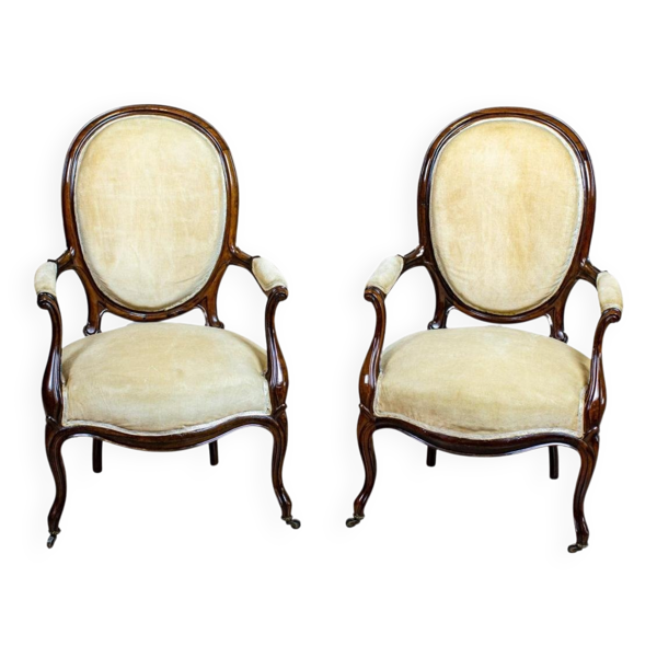 Fauteuils en noyer antique avec tapisserie beige, années 1890.