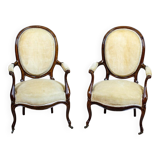 Set of Antique Walnut Chairs in Beige Upholstery, 1890s