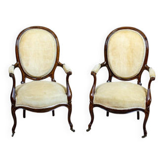 Set of Antique Walnut Chairs in Beige Upholstery, 1890s