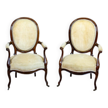 Set of Antique Walnut Chairs in Beige Upholstery, 1890s