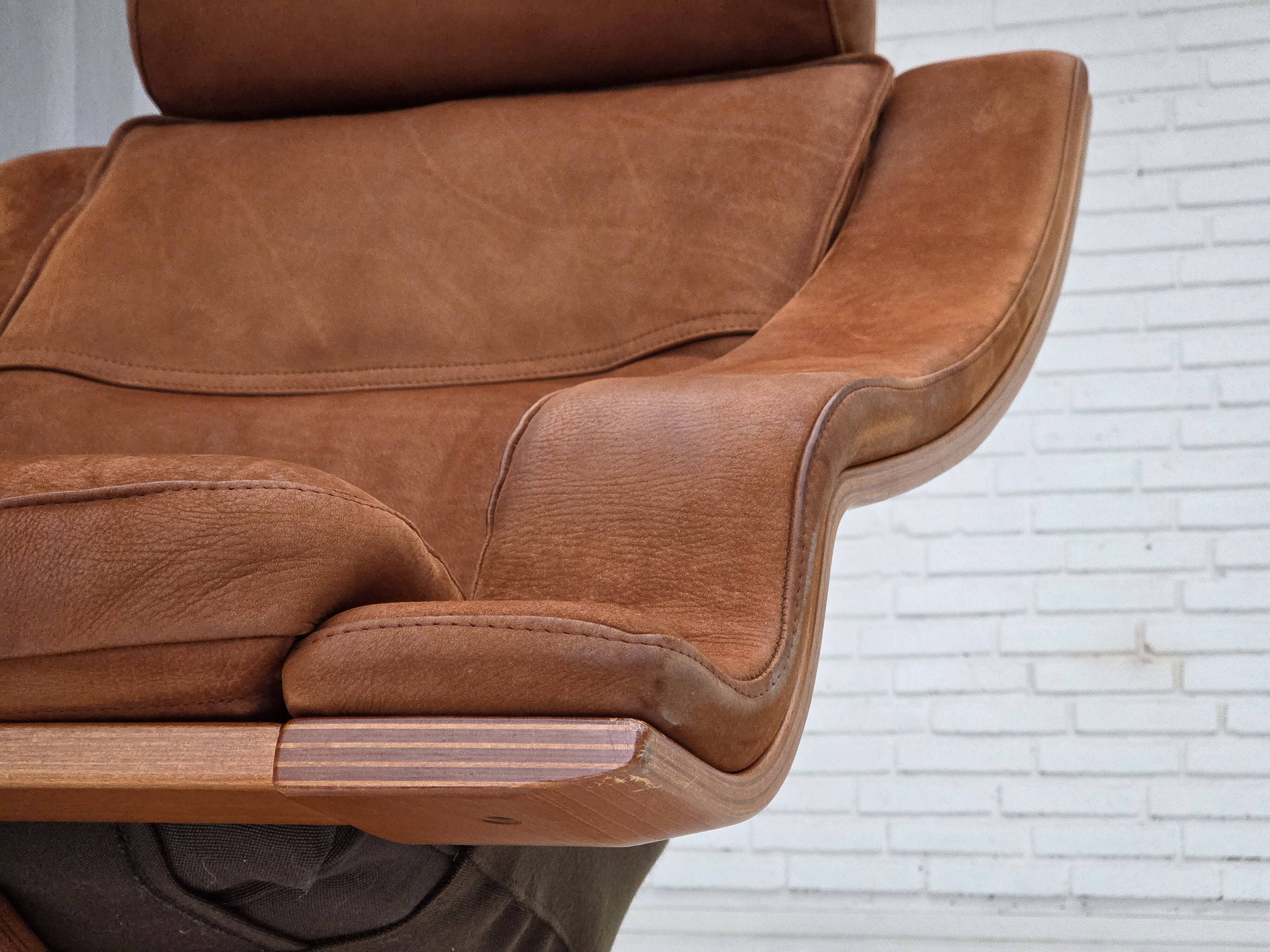 1980s, Swedish swivel armchair, nubuck leather, canvas, bent beech wood.
