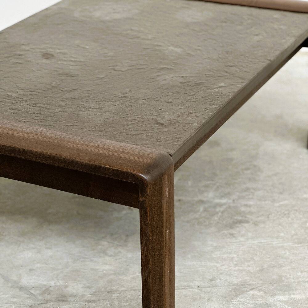Vintage Belgian oak & fossil slate coffee table, brutalist modern, 1970s