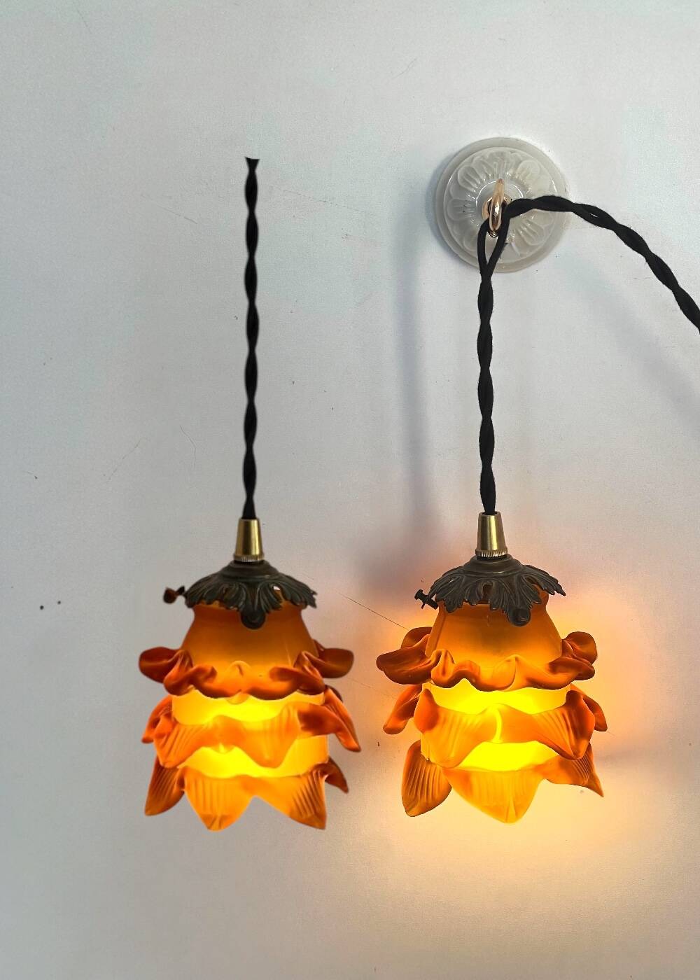 Duo of glass roses on hooks