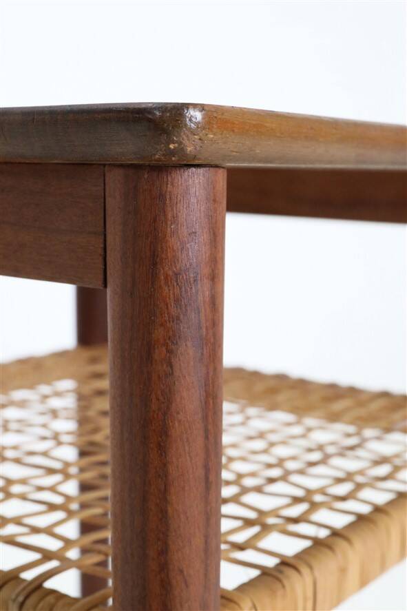 Rare set of three teak nesting tables with cane magazine rack / side tables / mid-century Danish modern design / 1950s / 1960s
