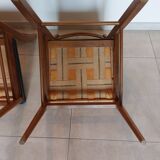 5 Scandinavian style chairs, wood and black faux leather.