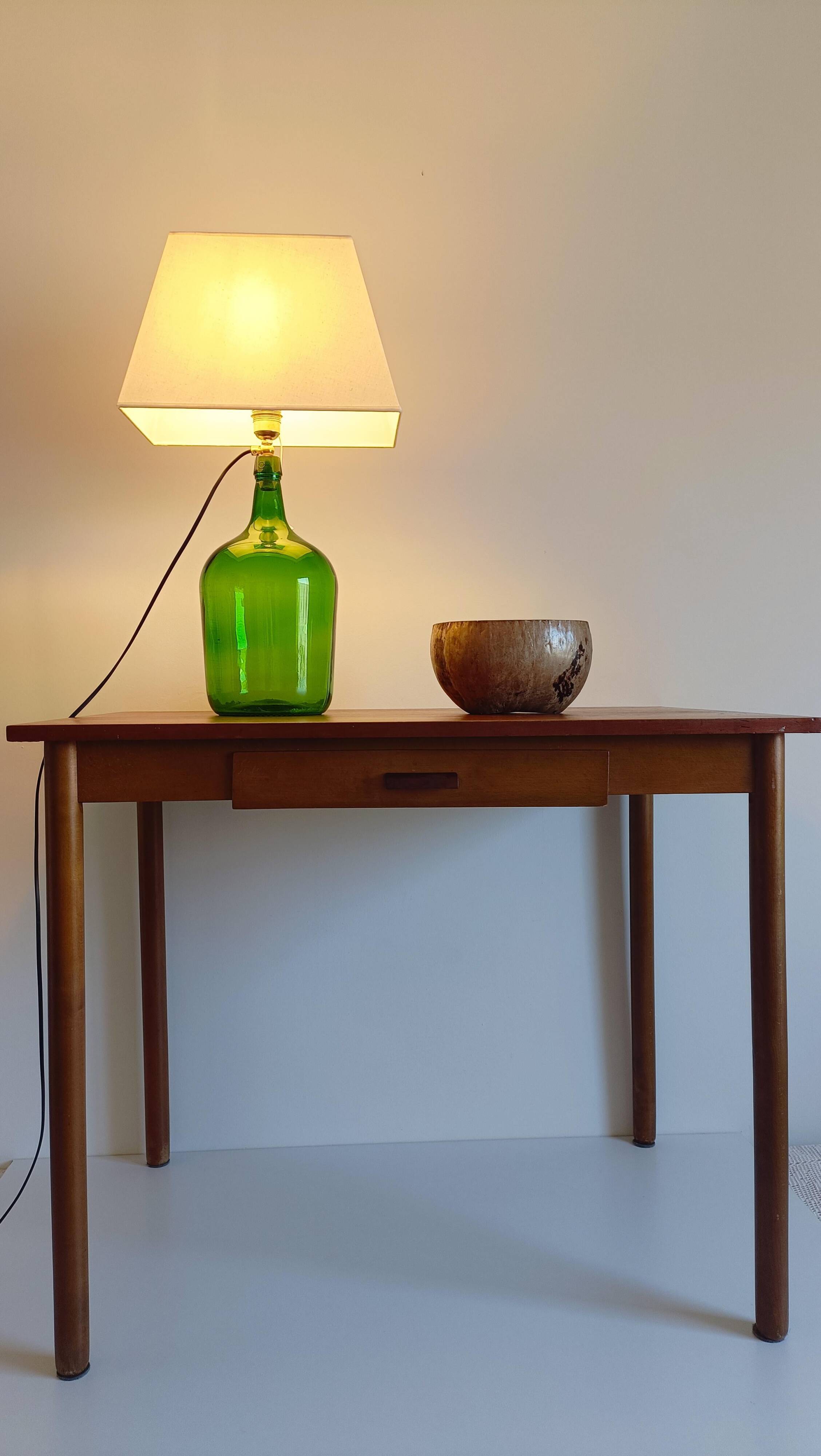 Mid-Century Green Glass Demijohn Table Lamp, Brass Fittings, Contemporary Shade