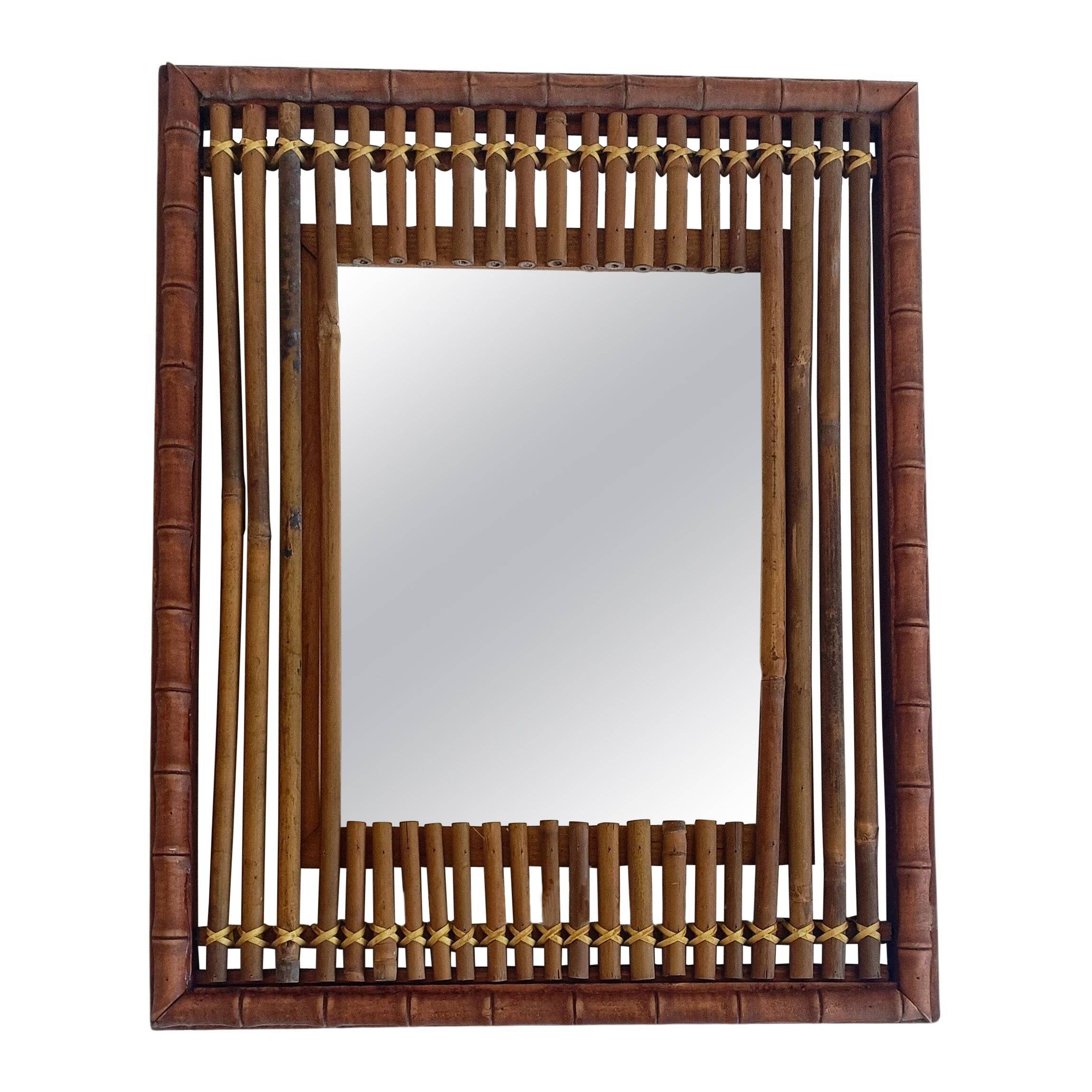 Antique French Art Deco Bamboo and Wood Wall Mirror, Early 20th Century