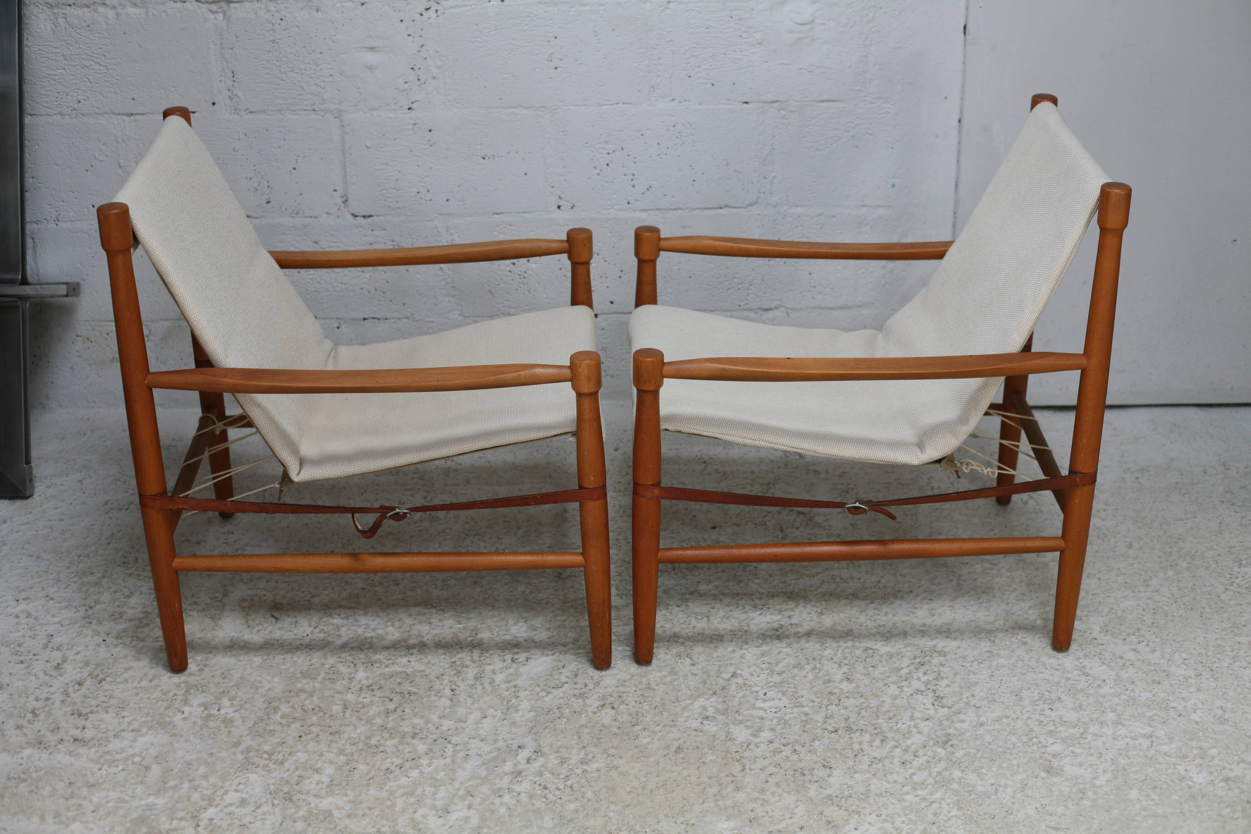 Olav Hodnebo, Suède, Circa 1960: paire de fauteuils scandinaves, toile, bois, corde et cuir.