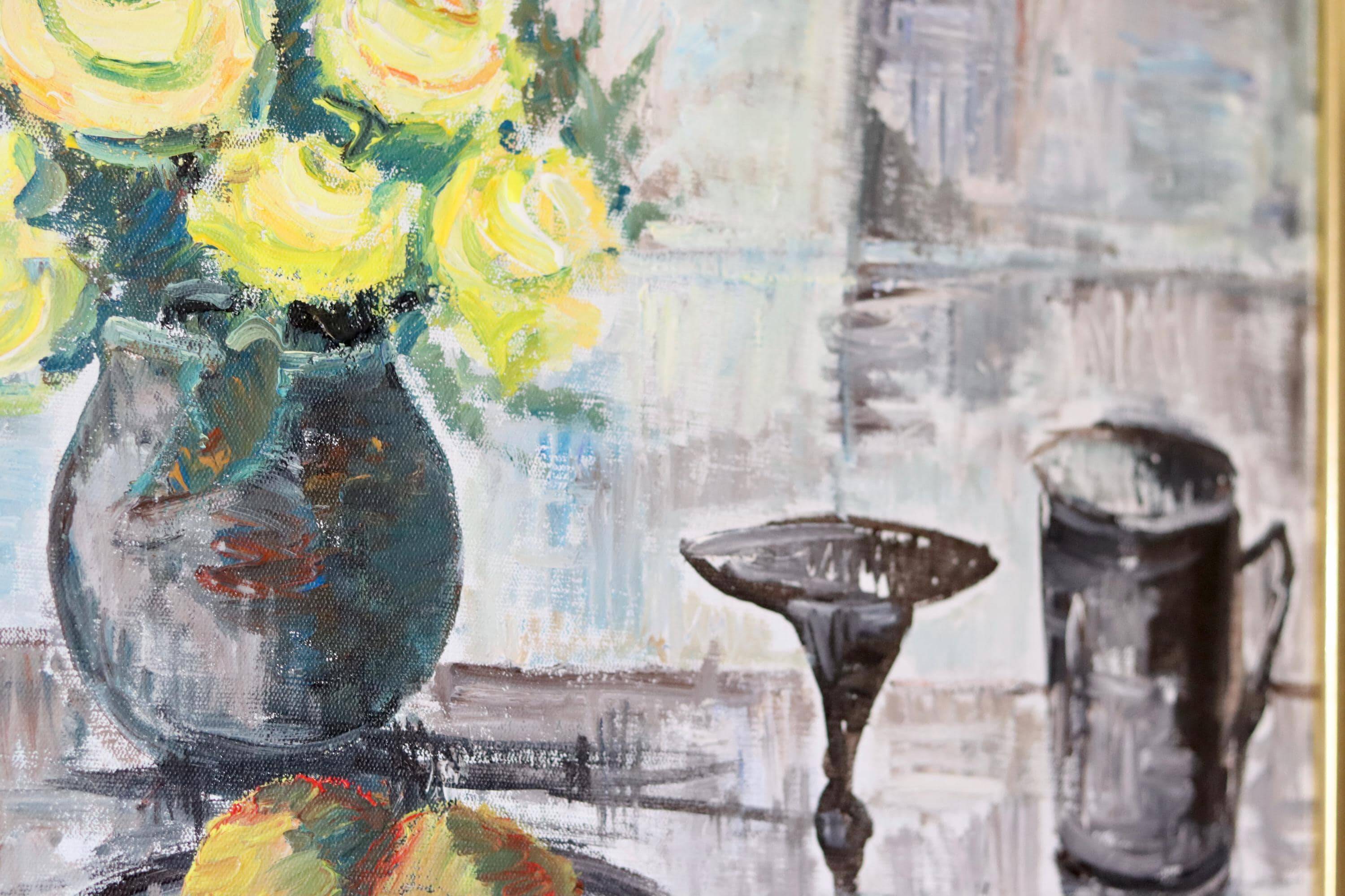 Still life with yellow roses and fruits by Olle Rhönnstrand, oil on Swedish canvas from the mid-century.