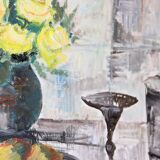 Still life with yellow roses and fruits by Olle Rhönnstrand, oil on Swedish canvas from the mid-century.