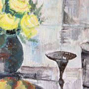 Swedish Mid-Century Oil On Canvas " Still Life with Yellow Roses and Fruit " by Olle Rhönnstrand