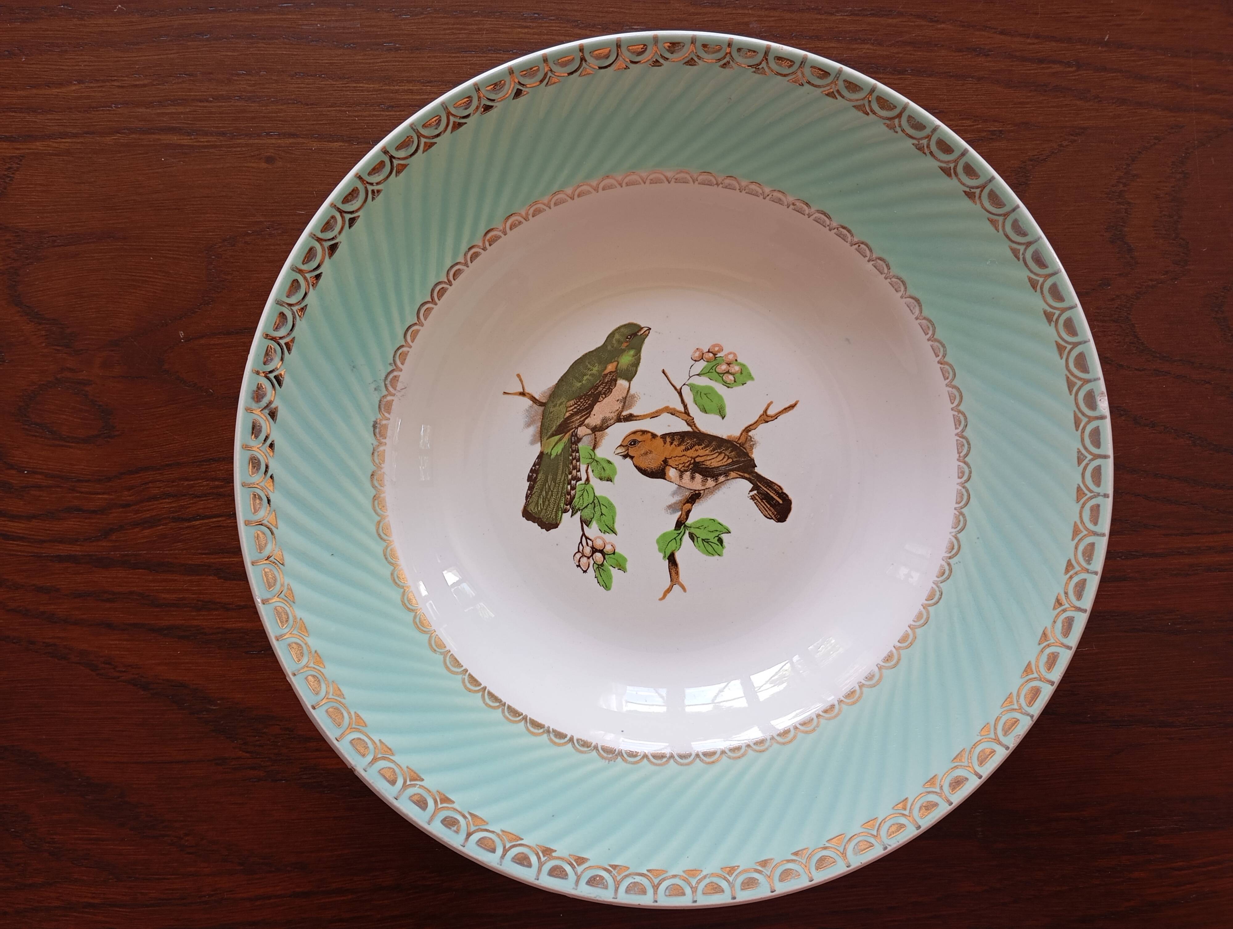 8 soup plates Fenal Badonviller "Birds" vintage 1950s