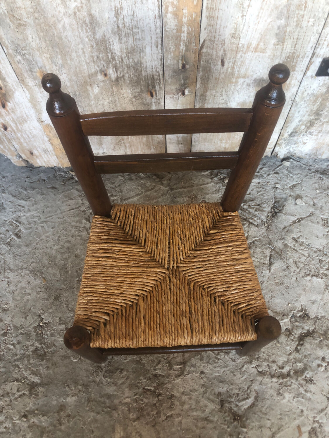 Chaise enfant bebe bois tourné + assise paille tressée vintage #a289