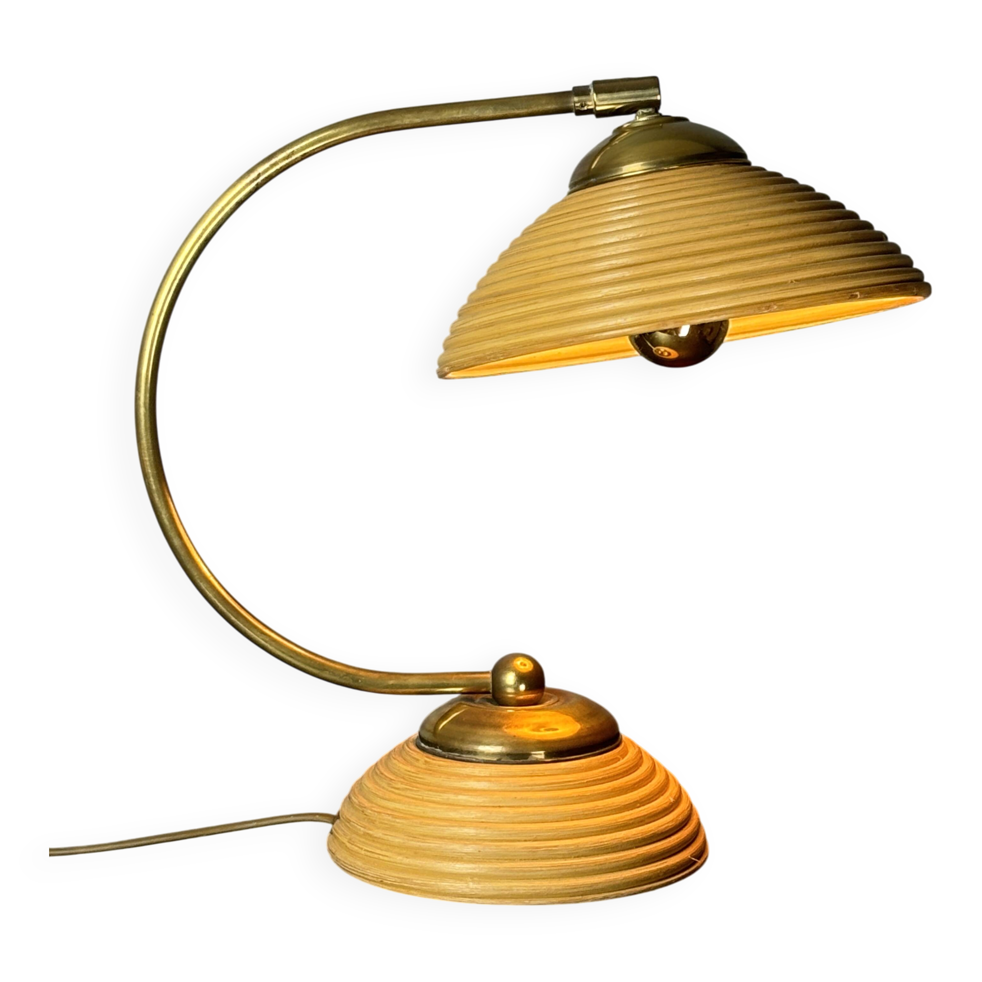 Midcentury pencil reed rattan bamboo and brass table lamp, Italy, 1970s