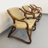 Suite de 3 fauteuils danois vintage esprit safari de Horsnæs Møbelfabrik en rotin et tissu des année