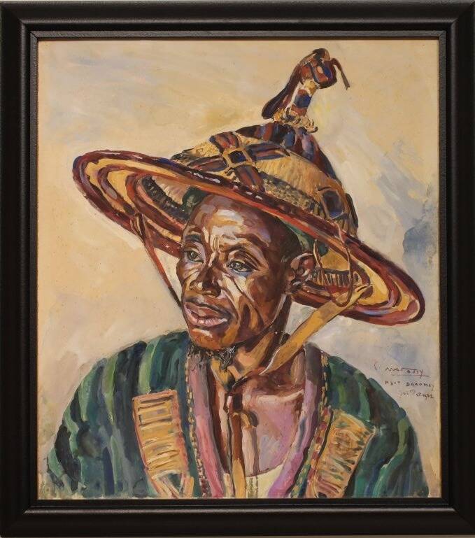 Large portrait of a Beninese man in traditional hat by Pierre Matossy (1891-1969)