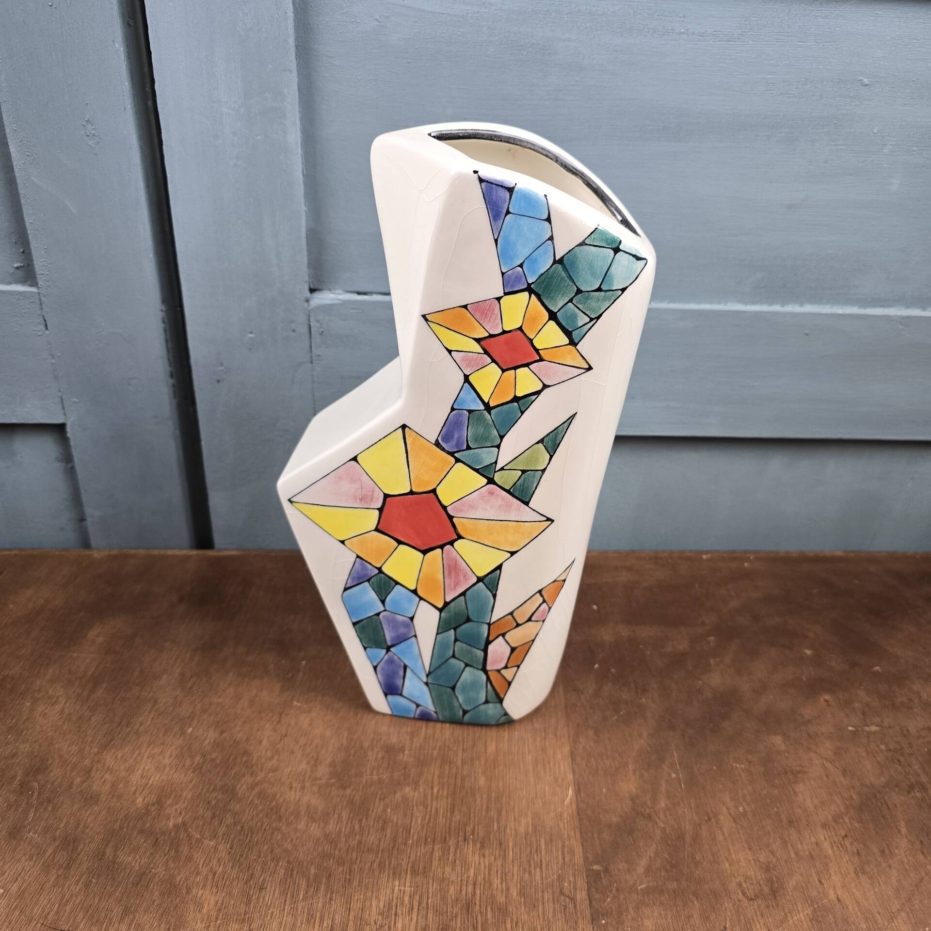 Ceramar vase, artistic ceramic, colourful mosaic pattern.