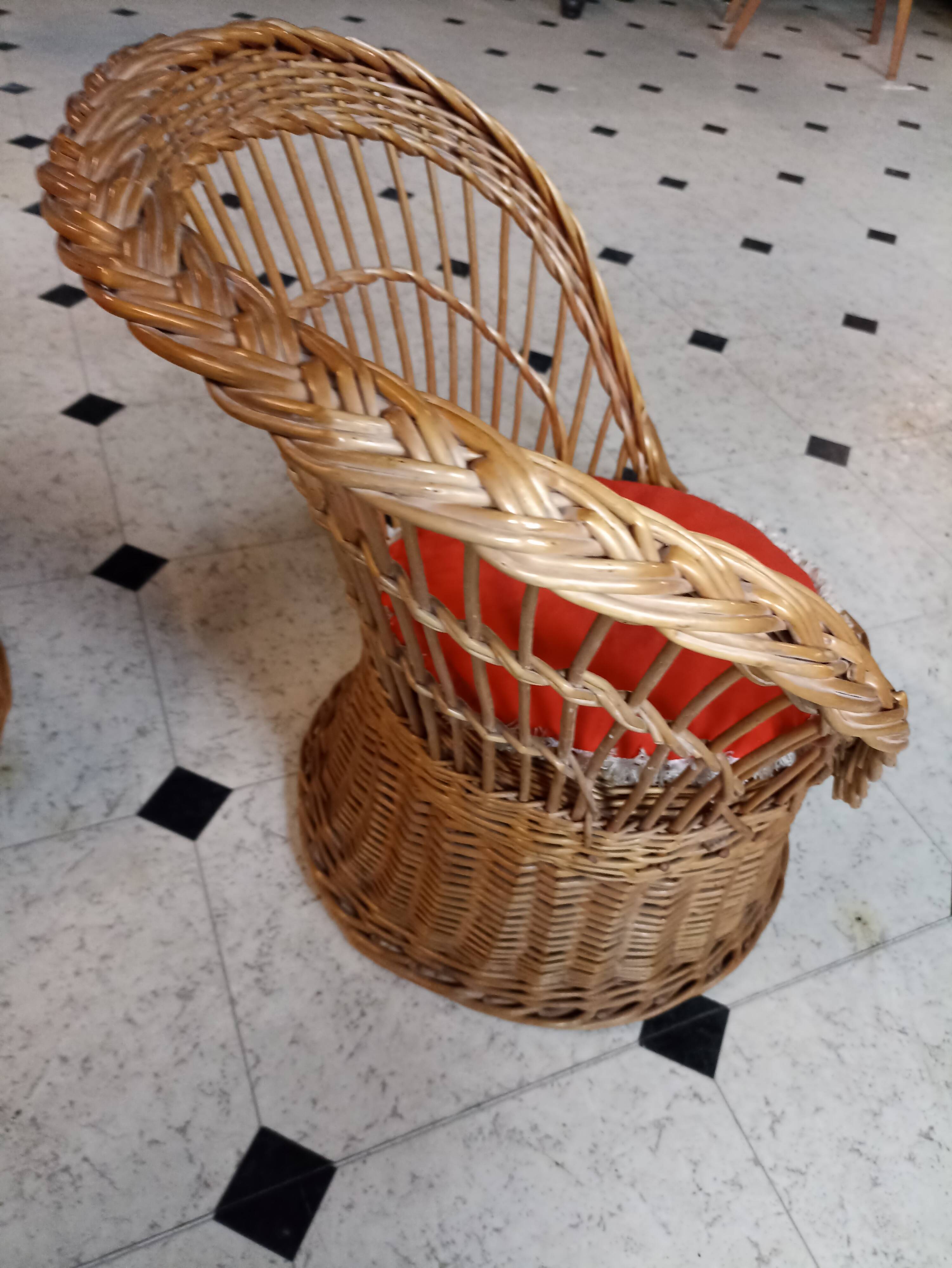 Set of 2 vintage 1970s rattan children's armchairs with orange cushions