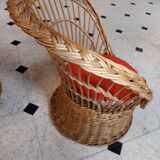 Set of 2 vintage 1970s rattan children's armchairs with orange cushions