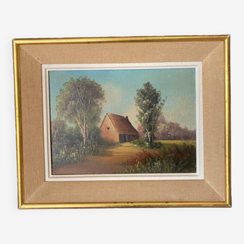 Oil on canvas landscape with cottage 1960