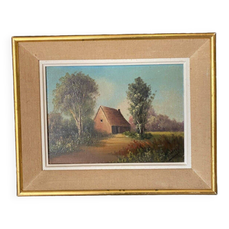 Oil on canvas landscape with cottage 1960