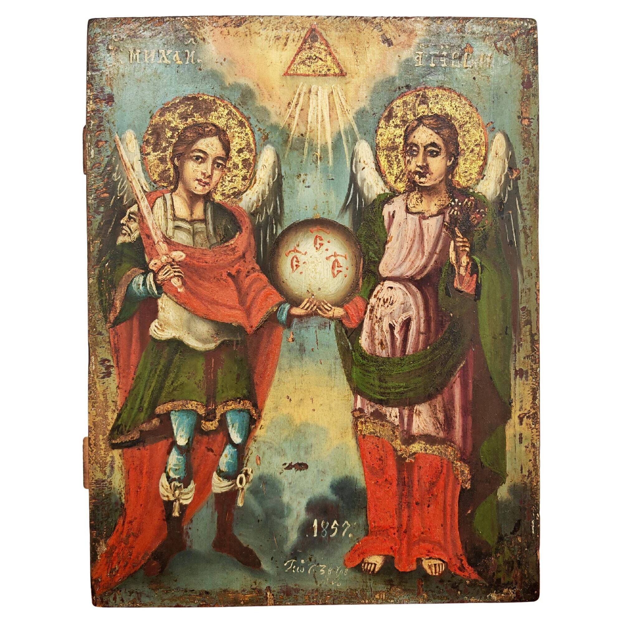 Antique Orthodox icon of Archangels Michael and Gabriel 1857
