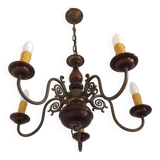 French Vintage 5 Light Mid Century Chandelier in Wood, Bronze and Metal 5525
