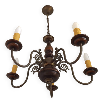 French Vintage 5 Light Mid Century Chandelier in Wood, Bronze and Metal 5525