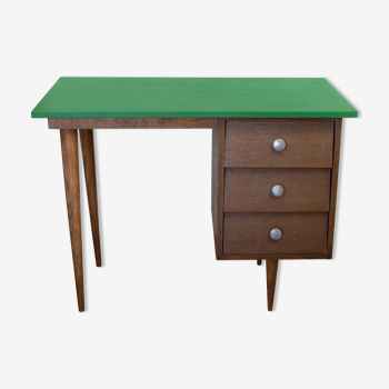 Bureau en bois des années 70 avec plateau vert