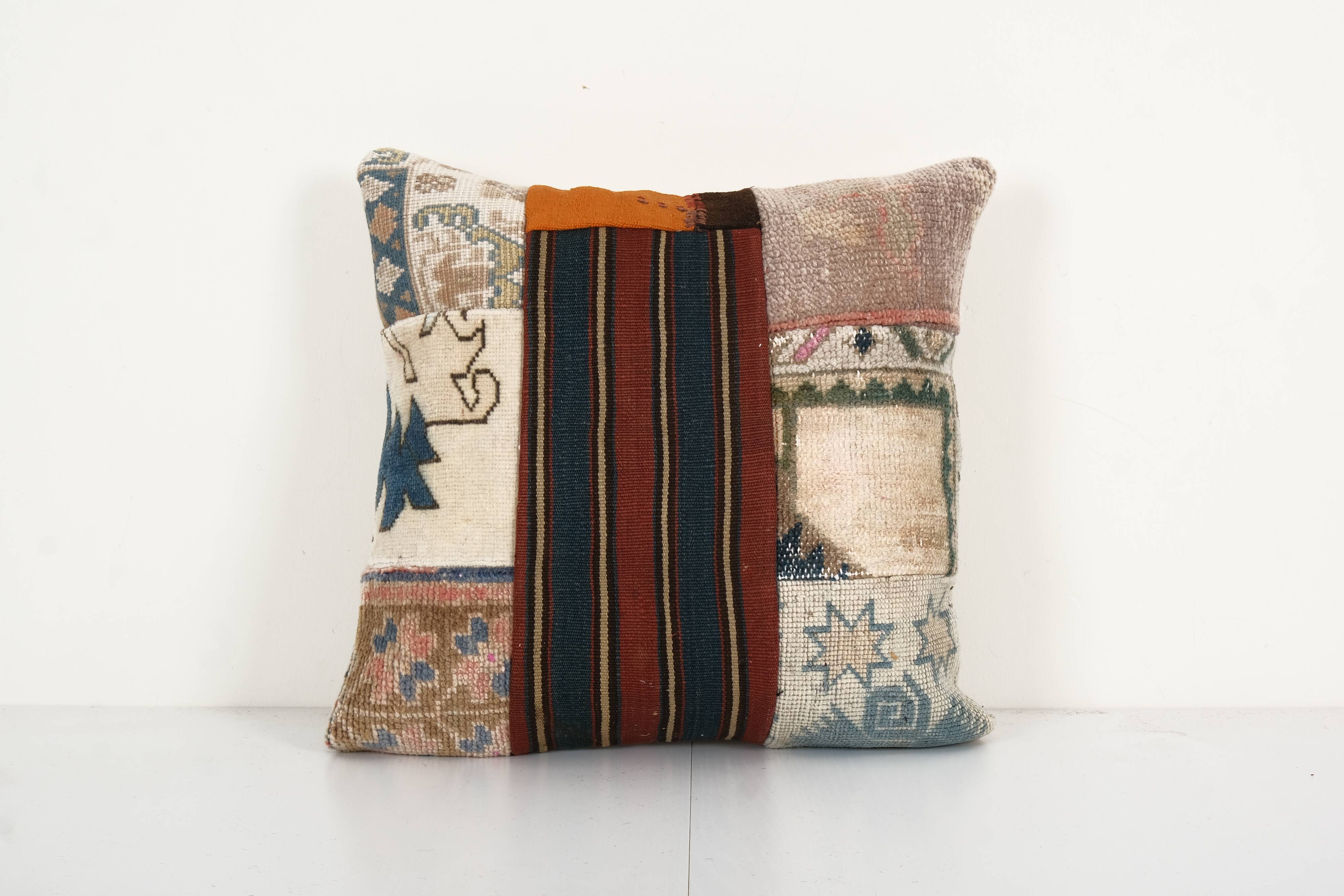 Bohemian patchwork rug pillow cover, square turkish organic cushion with mid century design, vintage