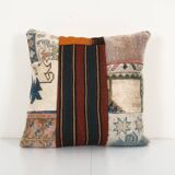 Bohemian patchwork rug pillow cover, square turkish organic cushion with mid century design, vintage