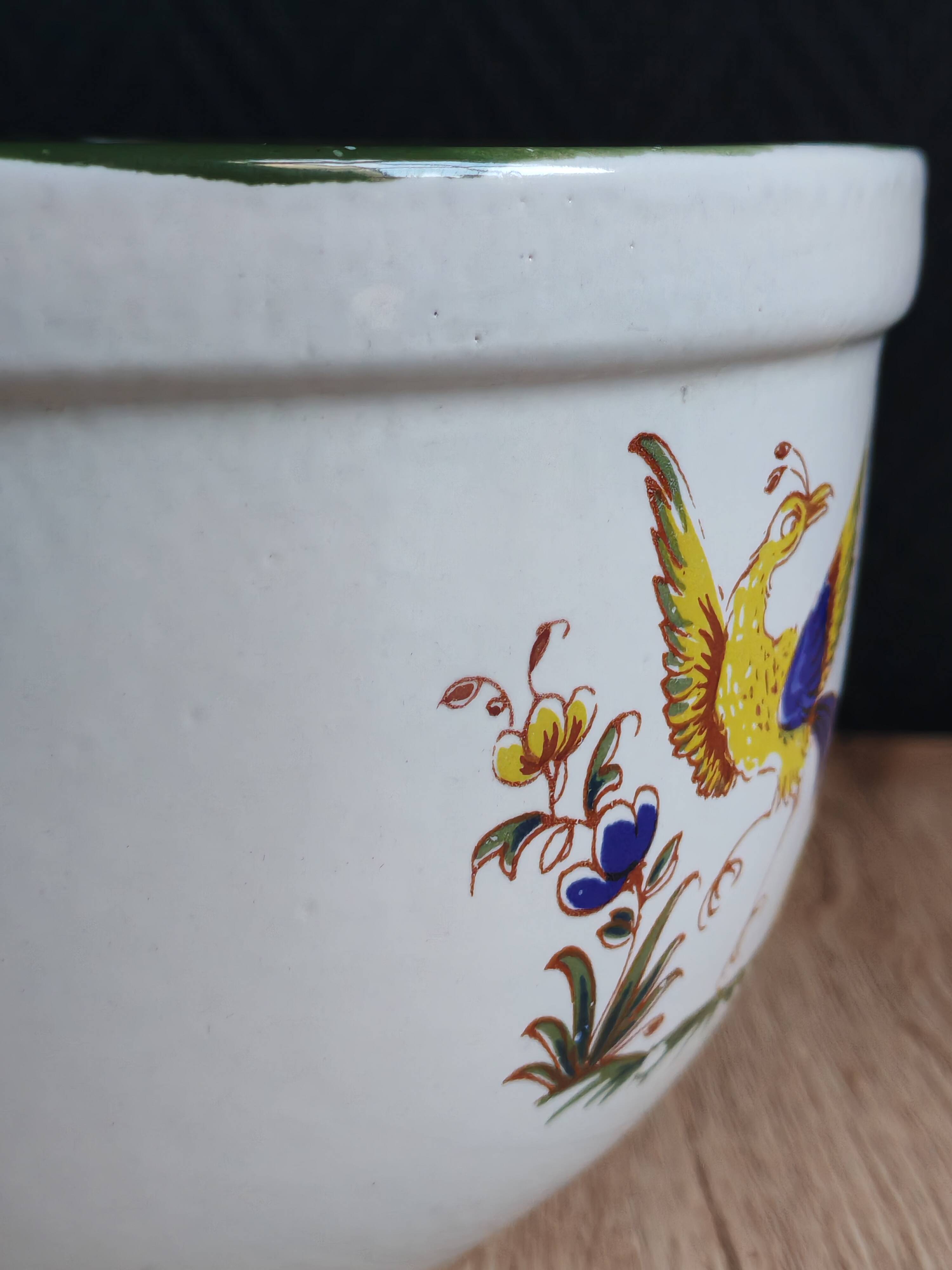 Saladier vintage faïence blanche oiseau exotique style Moustiers