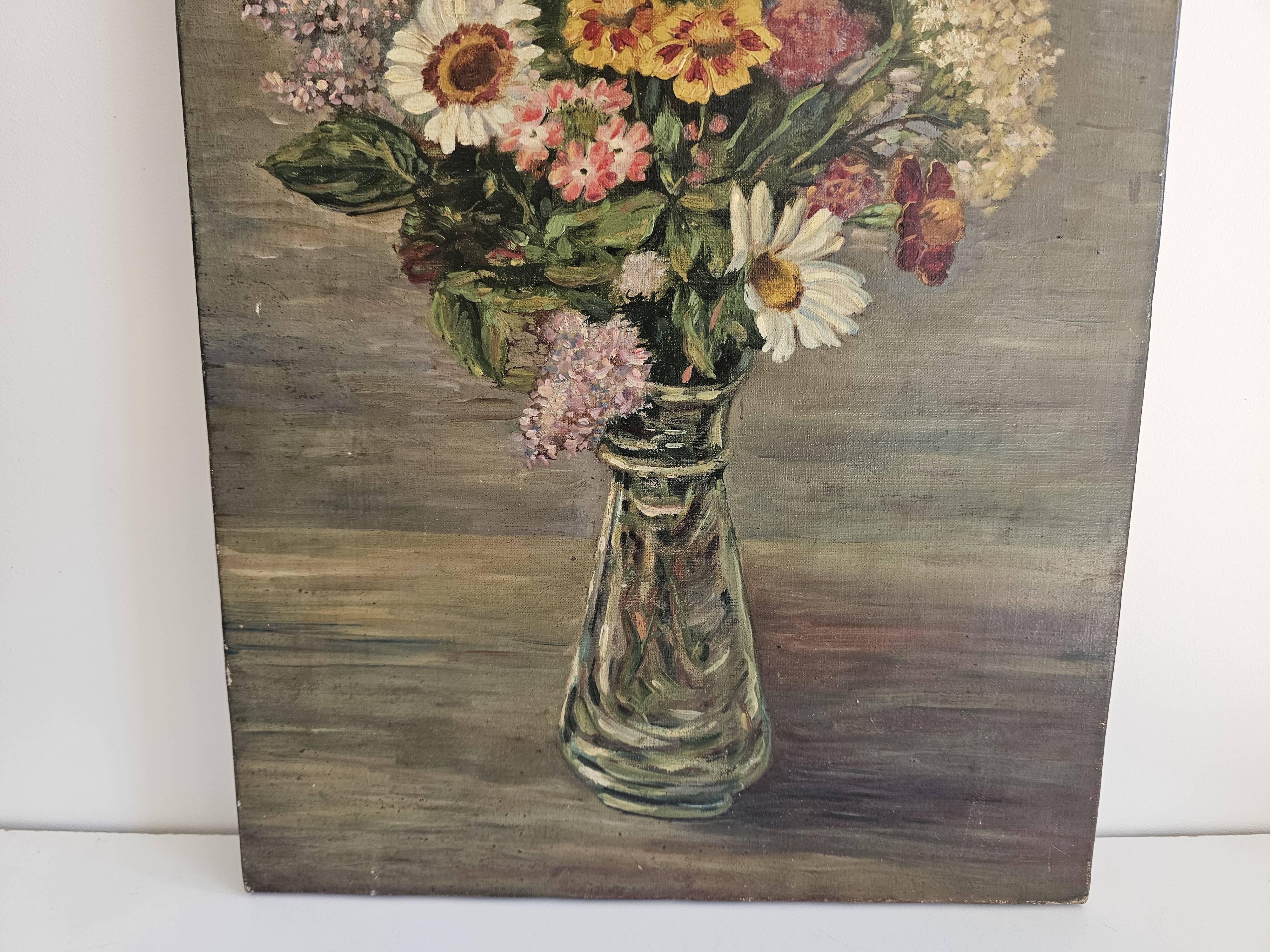 Old Oil on Canvas Painting - Still Life Spring Flower Bouquet