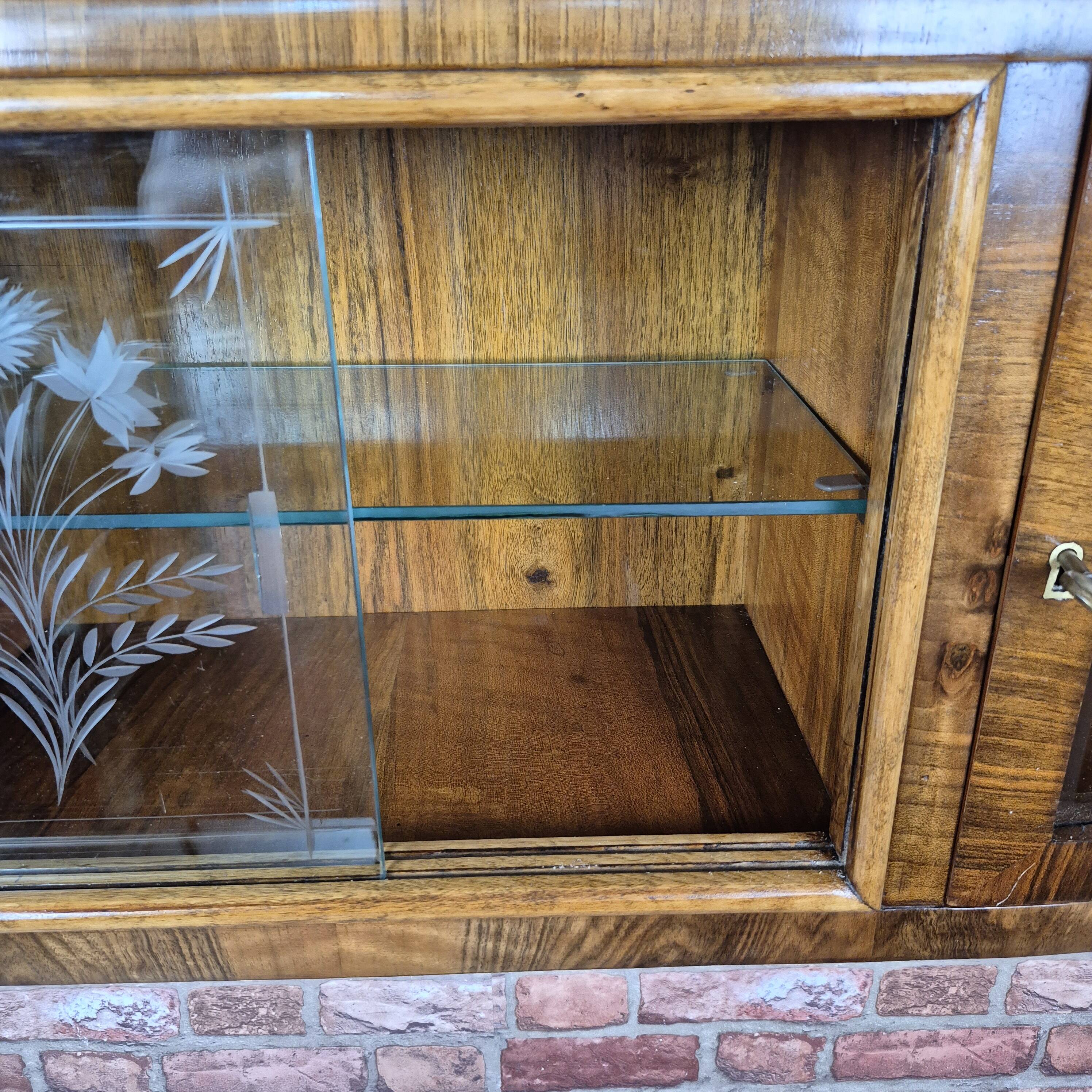 Upcycled Art Deco Walnut Wall Cabinet with Engraved and Slatted Glass - 193