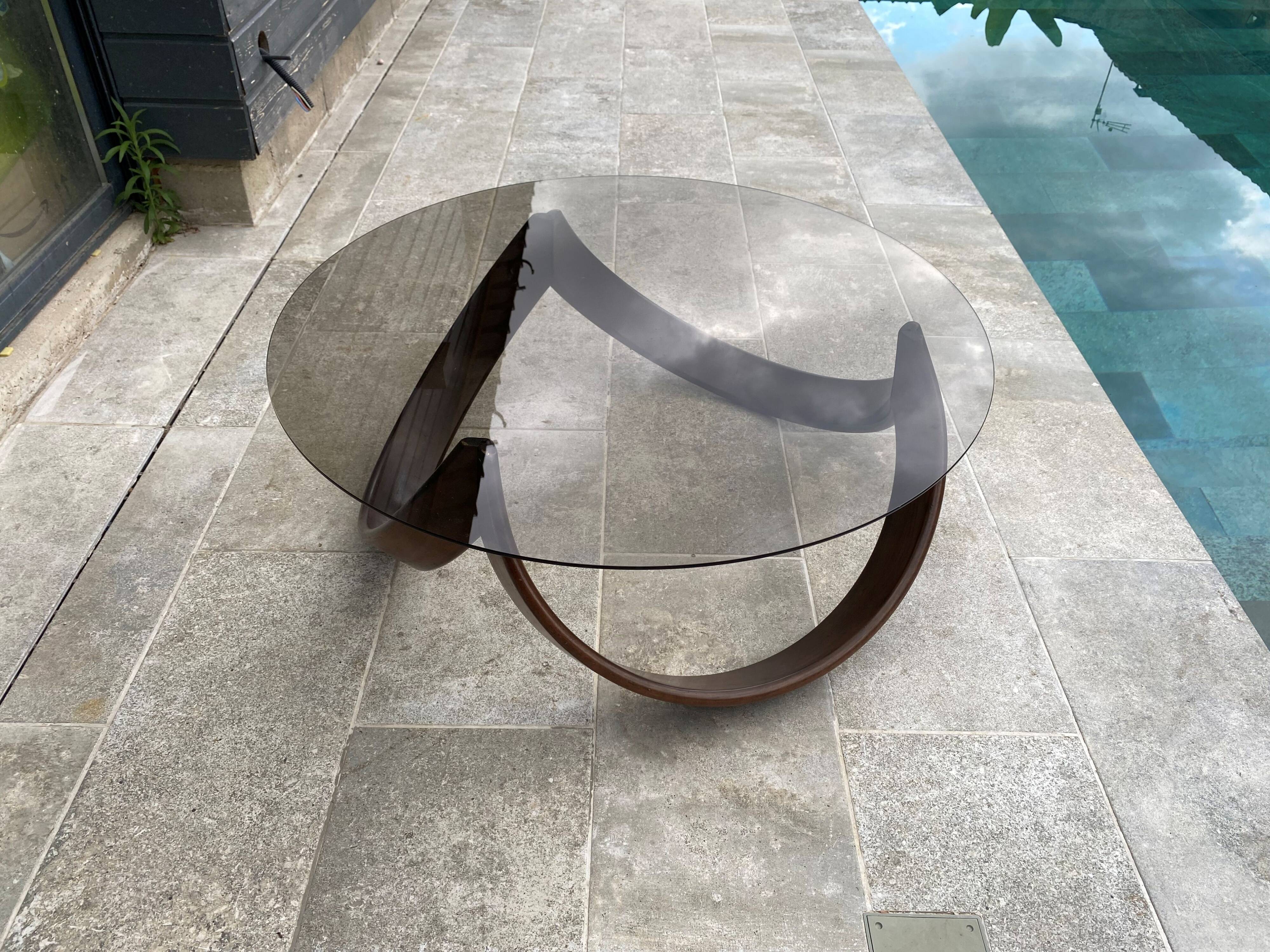 Vintage 1970s organic wood glass round coffee table